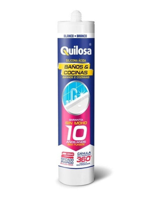 Bote de silicona sanitaria Quilosa antimoho para baños y cocinas, color blanco, 280 ml.